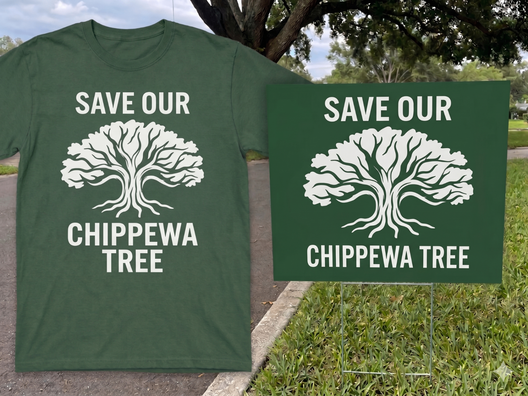 Save Our Chippewa Tree t-shirt and yard sign in dark green with a white oak tree illustration